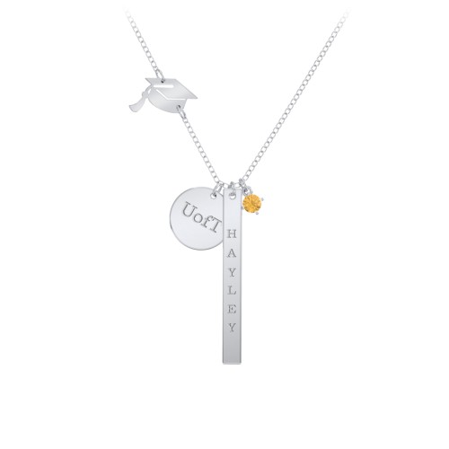 Milestone Necklace with Graduation Hat Charm – Sterling Silver with Citrine