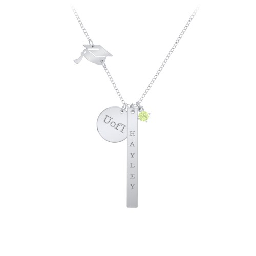 Milestone Necklace with Graduation Hat Charm – Sterling Silver with Peridot