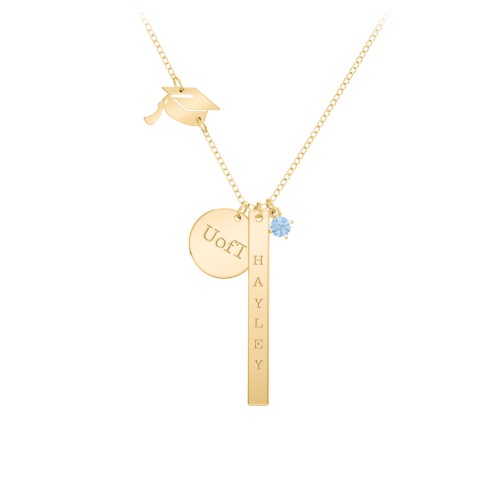 Milestone Necklace with Graduation Hat Charm – 10K Yellow Gold with Blue Topaz