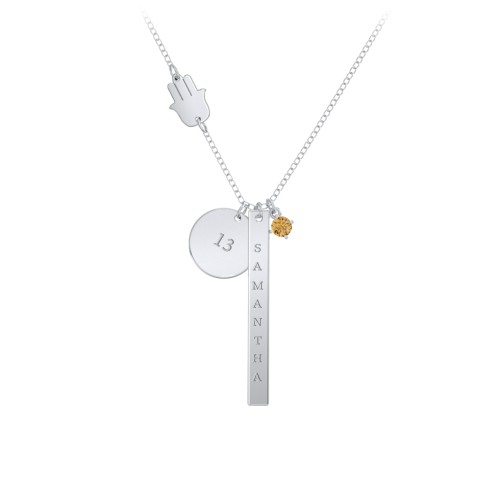 Milestone Necklace with Hamsa Charm – Sterling Silver with Citrine