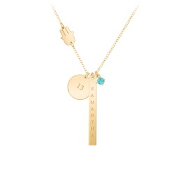Milestone Necklace with Hamsa Charm in 10K Solid Yellow Gold with Mint Premium Zirconia