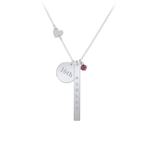 Milestone Necklace with Heart Charm – Sterling Silver with Ruby
