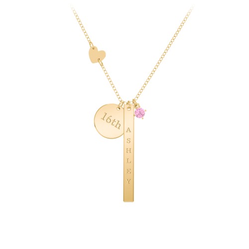 Milestone Necklace with Heart Charm – 10K Yellow Gold with Pink Tourmaline