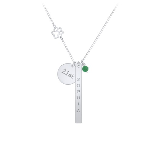 Milestone Necklace with Paw Charm – Sterling Silver with Emerald