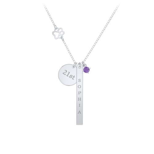 Milestone Necklace with Paw Charm – Sterling Silver with Amethyst