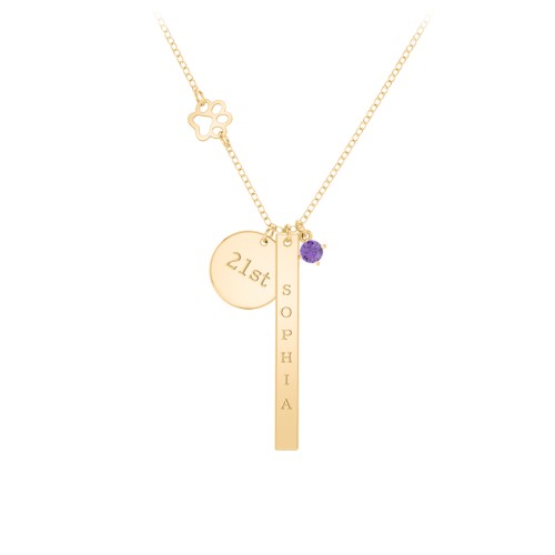 Milestone Necklace with Paw Charm – 10K Yellow Gold with Amethyst