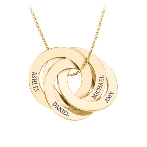 Engraved 4 Interlocking Russian Rings Necklace – 10K Yellow Gold