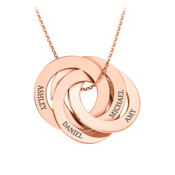 Engraved 4 Interlocking Russian Rings Necklace in 10K Solid Rose Gold