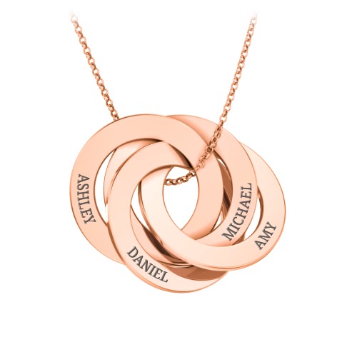Engraved 4 Interlocking Russian Rings Necklace – 10K Rose Gold