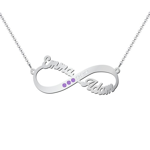 Infinity Name Necklace with Accents – Sterling Silver with Amethyst Premium Zirconia and White Premium Zirconia