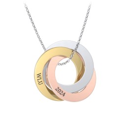 Engraved Tri Colour Interlocking Russian Rings Necklace