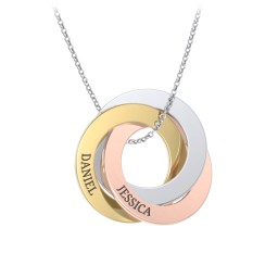 Engraved Tri Colour Interlocking Russian Rings Necklace