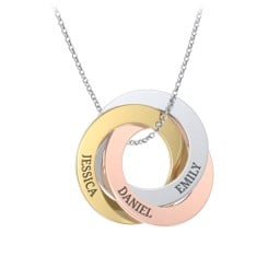 Engraved Tri Colour Interlocking Russian Rings Necklace