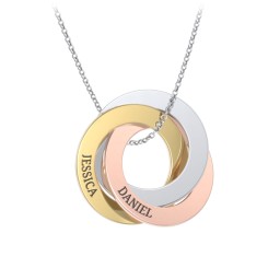 Engraved Tri Colour Interlocking Russian Rings Necklace in 10K Tri-color Gold