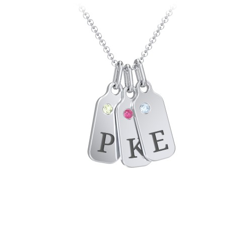 Duchess Dog Tag 3 Initial Necklace with Birthstone – Sterling Silver with Peridot, Ruby, and Blue Topaz