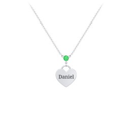 Engravable Heart Necklace with Birthstone in 925 Sterling Silver with Emerald