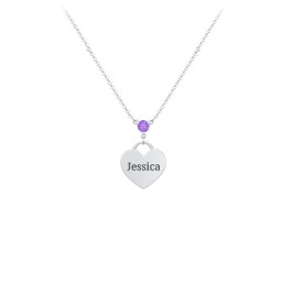 Engravable Heart Necklace with Birthstone in 925 Sterling Silver with Amethyst