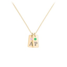 Small Initial 2 Tag Necklace with Birthstone in 10K Solid Yellow Gold with Pink Tourmaline and Emerald