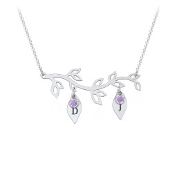 Leaf Initial Family Birthstone Necklace in 925 Sterling Silver with Amethyst, Cubic Zirconia, and Fancy Pink Premium Zirconia