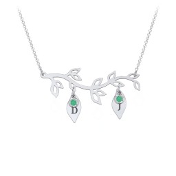 Leaf Initial Family Birthstone Necklace in 925 Sterling Silver with Emerald, Cubic Zirconia, and Fancy Pink Premium Zirconia