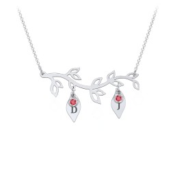 Leaf Initial Family Birthstone Necklace in 925 Sterling Silver with Garnet, Cubic Zirconia, and Fancy Pink Premium Zirconia