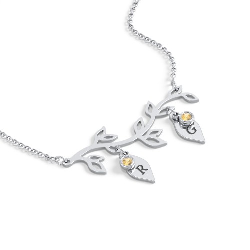 Leaf Initial Family Birthstone Necklace – Sterling Silver with Citrine