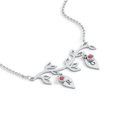 Leaf Initial Family Birthstone Necklace – Sterling Silver with Garnet