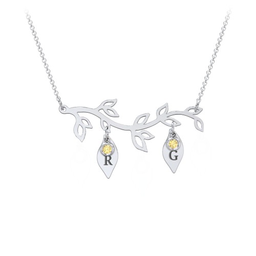 Leaf Initial Family Birthstone Necklace – Sterling Silver with Citrine