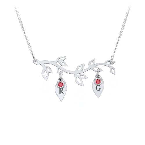 Leaf Initial Family Birthstone Necklace – Sterling Silver with Garnet