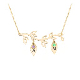 Leaf Initial Family Birthstone Necklace in 10K Solid Yellow Gold with Amethyst, Green Premium Zirconia, Cubic Zirconia, and Fancy Pink Premium Zirconia