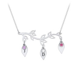 Leaf Initial Family Birthstone Necklace in 925 Sterling Silver with Amethyst, Cubic Zirconia, Ruby, and Fancy Pink Premium Zirconia