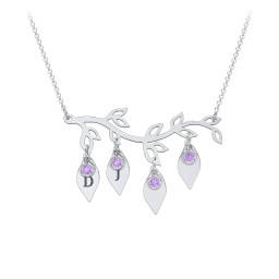 Leaf Initial Family Birthstone Necklace in 925 Sterling Silver with Amethyst