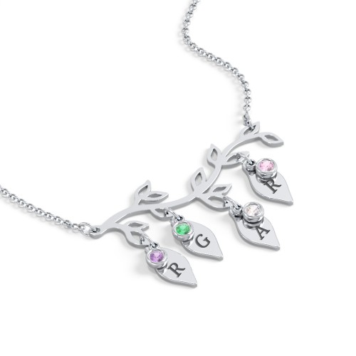Leaf Initial Family Birthstone Necklace – Sterling Silver with Amethyst, Emerald, Cubic Zirconia, and Pink Tourmaline