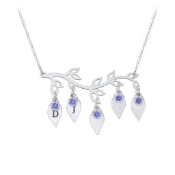 Leaf Initial Family Birthstone Necklace