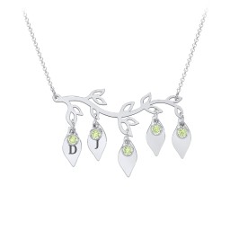 Leaf Initial Family Birthstone Necklace in 925 Sterling Silver with Peridot