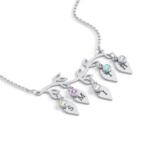 Leaf Initial Family Birthstone Necklace – Sterling Silver with Peridot, Amethyst, Cubic Zirconia, Mint Premium Zirconia, and Blue Topaz
