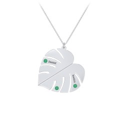 Engravable Monstera Leaf Necklace with Birthstones in 925 Sterling Silver with Emerald, Ruby, and Blue Sapphire