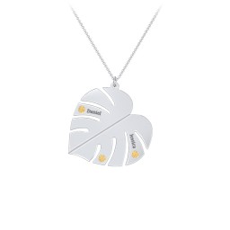 Engravable Monstera Leaf Necklace with Birthstones in 925 Sterling Silver with Citrine, Ruby, Emerald, and Blue Sapphire