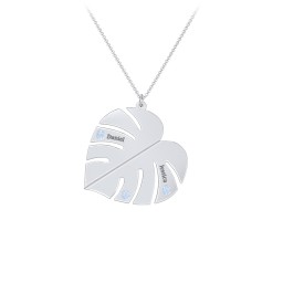 Engravable Monstera Leaf Necklace with Birthstones in 925 Sterling Silver with Blue Topaz, Ruby, Emerald, and Blue Sapphire