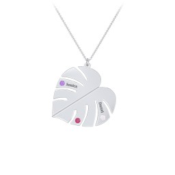 Engravable Monstera Leaf Necklace with Birthstones in 925 Sterling Silver with Amethyst, Cubic Zirconia, Ruby, Emerald, and Blue Sapphire