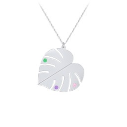 Engravable Monstera Leaf Necklace with Birthstones in 925 Sterling Silver with Emerald, Pink Tourmaline, Amethyst, Ruby, and Blue Sapphire