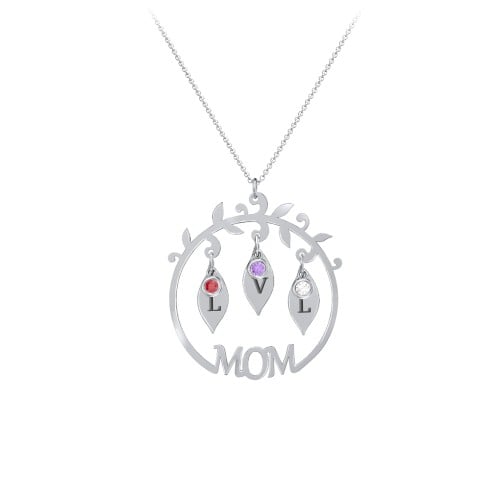 “Mom” Leaf Initial Necklace with Birthstones
