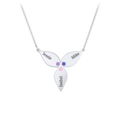 Engravable 3 Petal Flower Birthstone Necklace – Sterling Silver with Amethyst, Blue Sapphire, and Pink Tourmaline