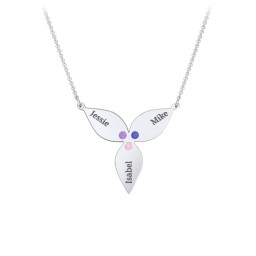 Engravable 3 Petal Flower Birthstone Necklace in 925 Sterling Silver with Amethyst, Blue Sapphire, Pink Tourmaline, and Blue Topaz
