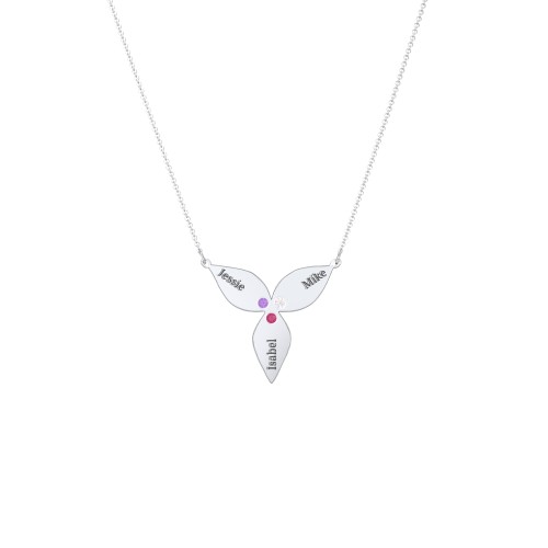 Engravable 3 Petal Flower Birthstone Necklace – Sterling Silver with Amethyst, Cubic Zirconia, and Ruby