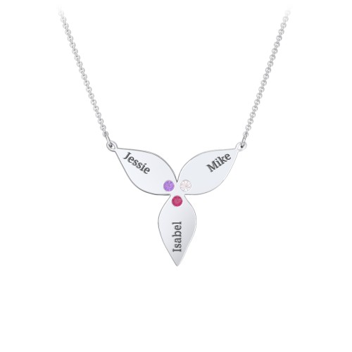 Engravable 3 Petal Flower Birthstone Necklace – Sterling Silver with Amethyst, Cubic Zirconia, and Ruby