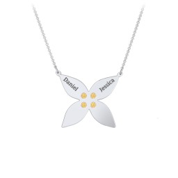 Engravable 4 Petal Flower Birthstone Necklace in 925 Sterling Silver with Citrine and Amethyst