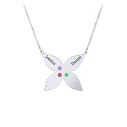 Engravable 4 Petal Flower Birthstone Necklace in 925 Sterling Silver with Amethyst, Cubic Zirconia, Ruby, and Emerald
