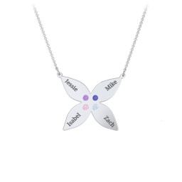 Engravable 4 Petal Flower Birthstone Necklace in 925 Sterling Silver with Amethyst, Blue Sapphire, Pink Tourmaline, and Blue Topaz