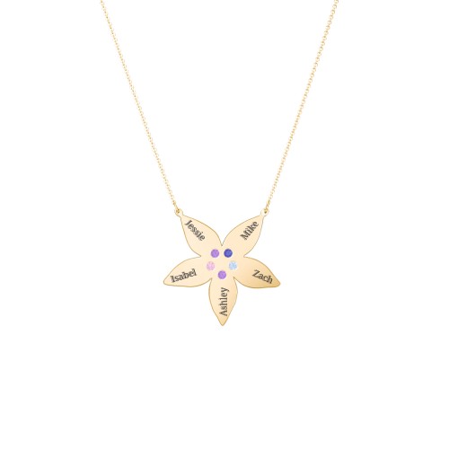 Engravable 5 Petal Flower Birthstone Necklace – 10K Yellow Gold with Amethyst, Blue Sapphire, Pink Tourmaline, and Blue Topaz